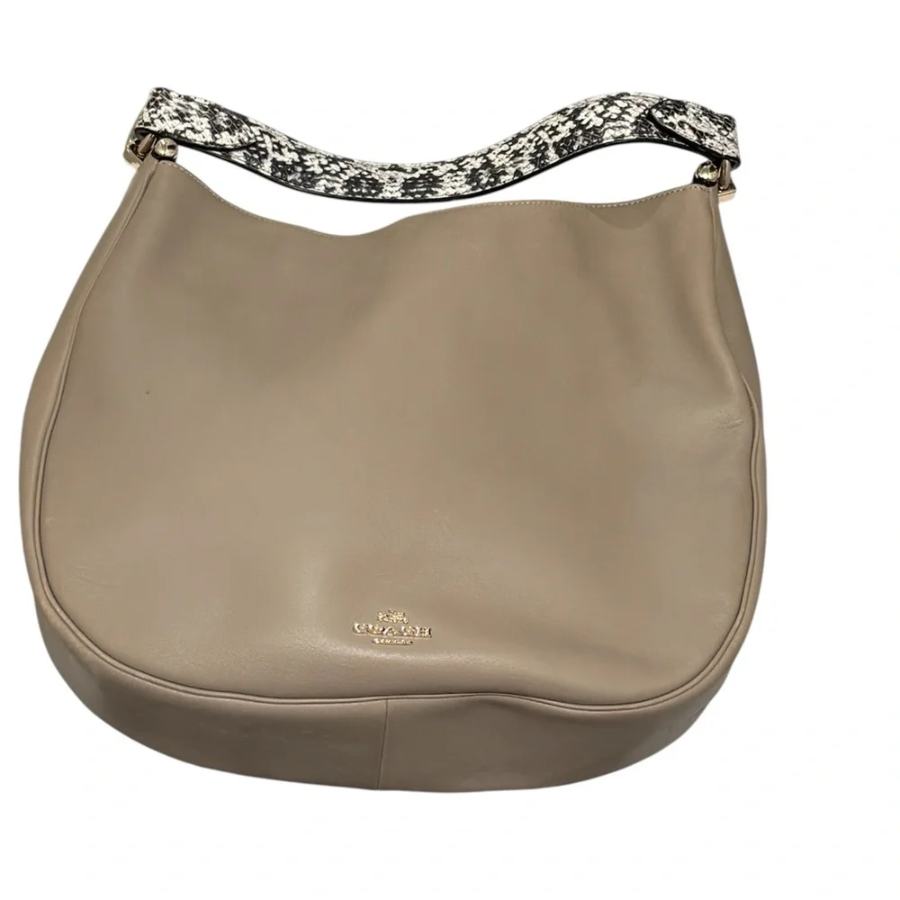 Coach Nomad Taupe Leather Hobo Bag with Snake Skin Strap